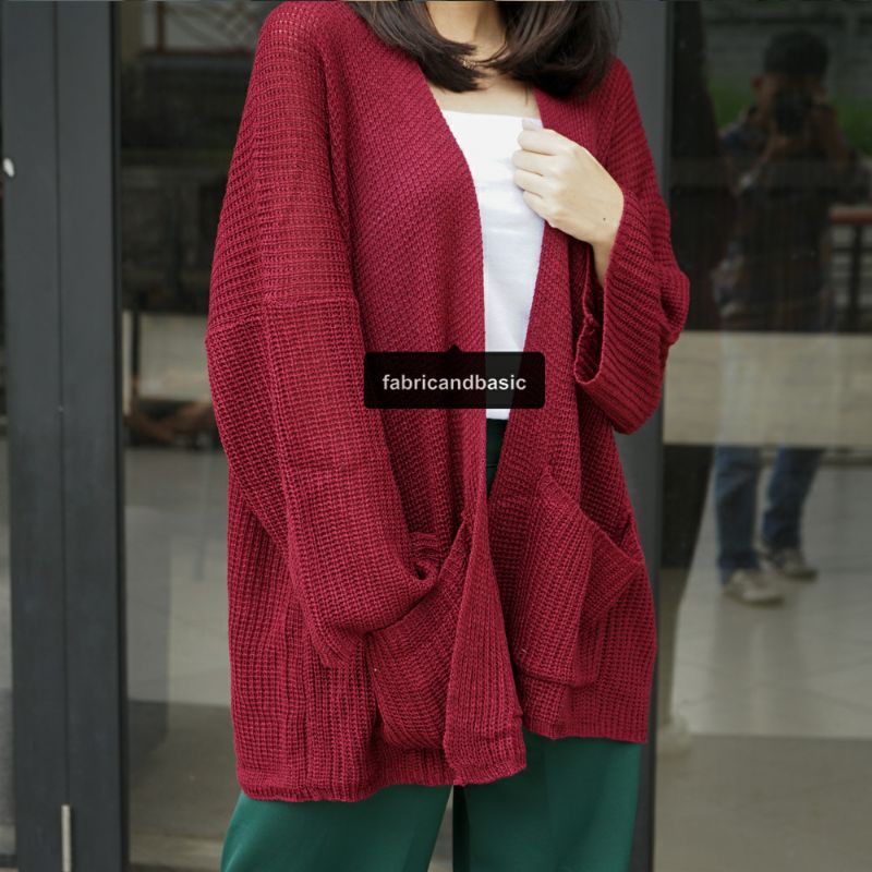 [ TEBAL ] Cardigan Rajut Oversize Wanita  |  Lavella Kardigan Rajut Oversize Outer Wanita-Maroon