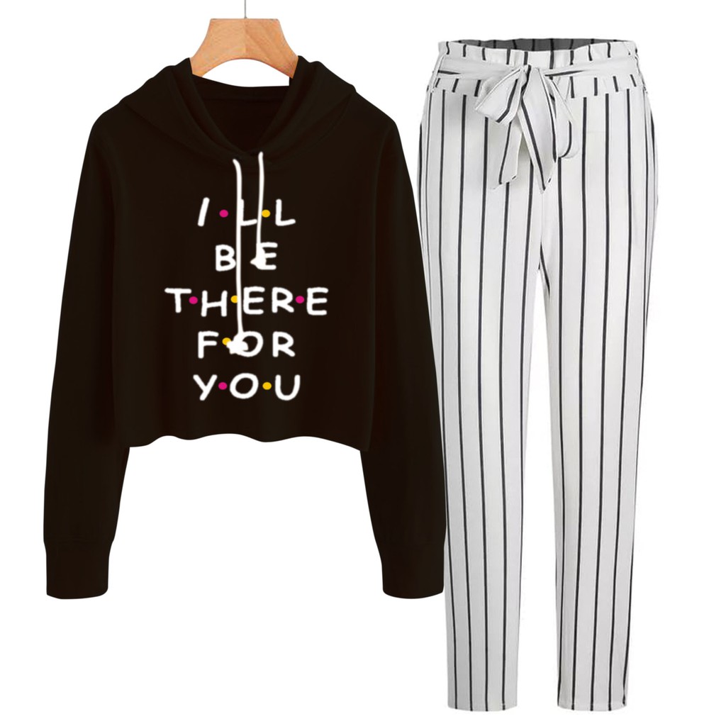 BESS - Baju Setelan Wanita Murah / Setelan Hoodie Crop + Celana Salur Putih - I BE THERE