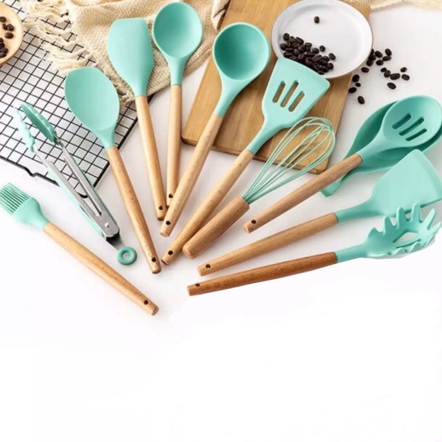 SPATULA SET SILICONE 12 PCS SPATULA SULTAN SPATULA SILIKON GAGANG KAYU LENGKAP 1 SET ALAT KITCHEN UTENSILL MASAK ANTI LELEH SUTIL SILIKON