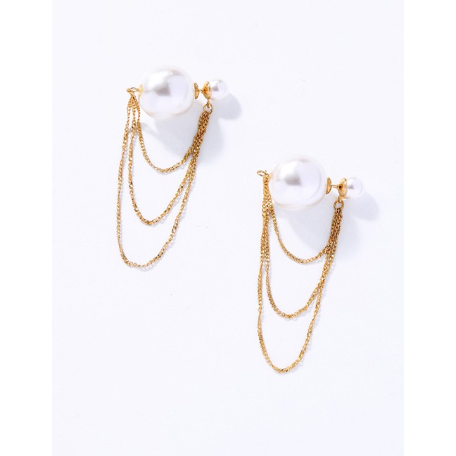 LRC Anting Tusuk Fashion Golden Multi-layer Fringed Pearl Earrings D59119