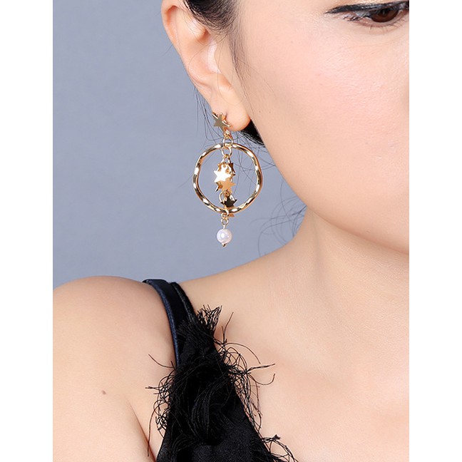 LRC Anting Tusuk Fashion Gold Star Circle Pearl Earrings F94058