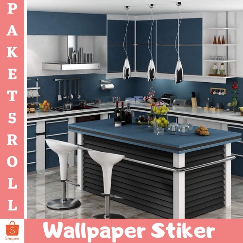 BISA COD - WALLPAPER STIKER DINDING PAKET 5ROLL WALLSTIKER MOTIF BIRU NAVY POLOS MODERN ( BUY 4 GET 1 FREE )