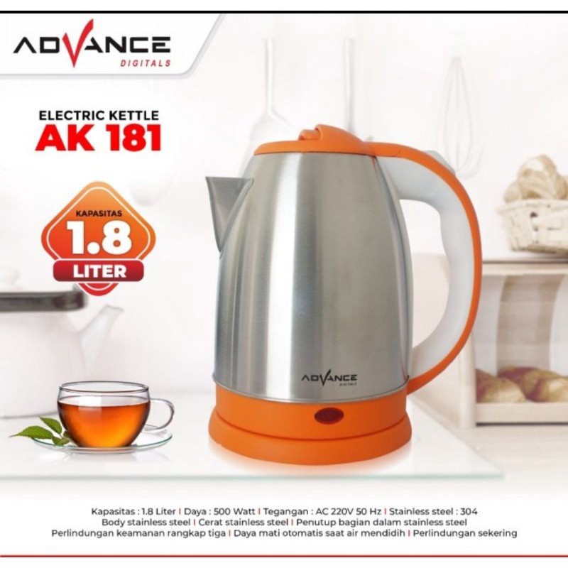 Advance 1.8L Kettle Listrik 500 Watt Stainless Cool Touch Handle AK181 Garansi 1 tahun