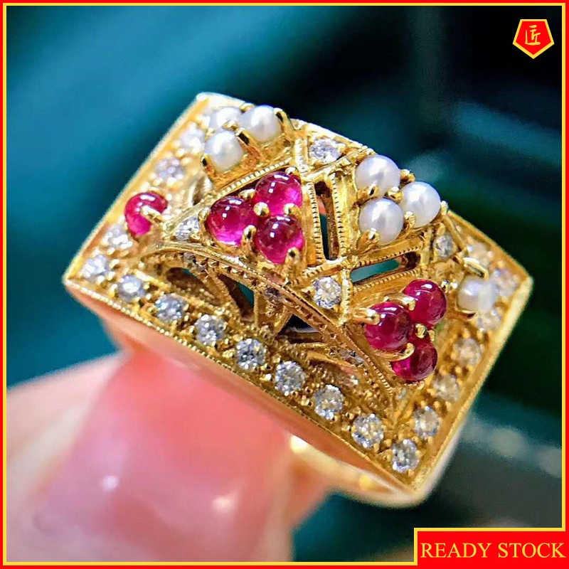 [Ready Stock]Luxury Pearl Micro-Inlaid Full Diamond Ring 18K Gold