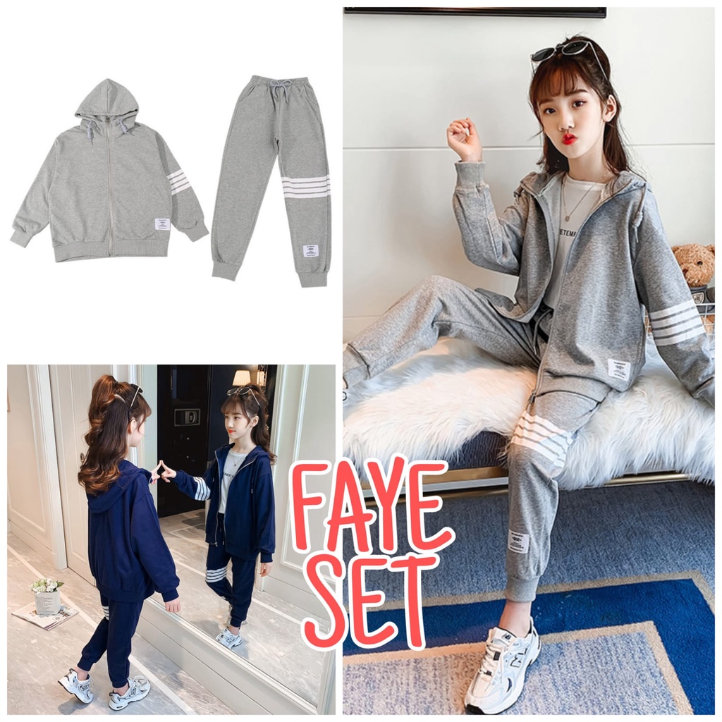 BAJUKIDDIE FAYE SET BAJU SETELAN HOODIE TRAINING ANAK REMAJA KOREA BAJU SET JAKET CELANA PANJANG CASUAL PEREMPUAN