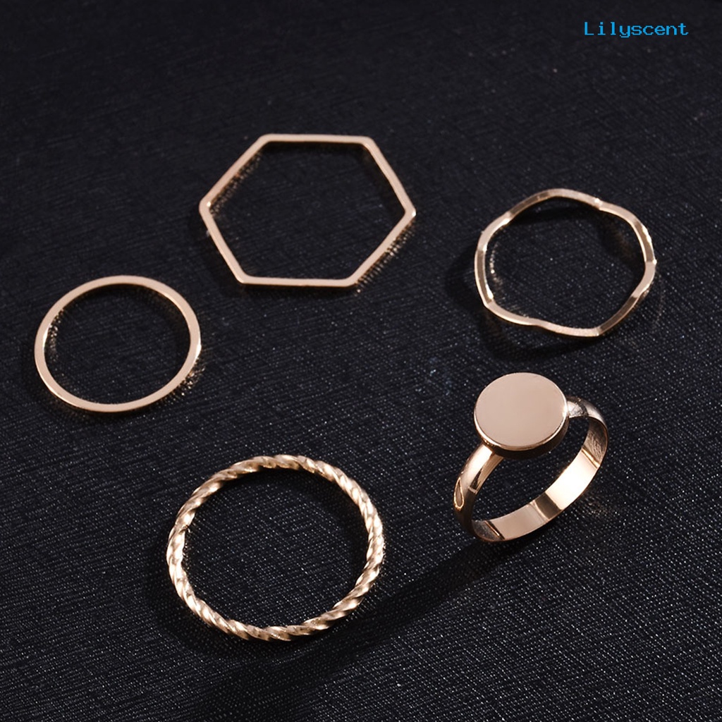 5pcs / Set Cincin Tipis Bahan Alloy Warna Emas Untuk Wanita