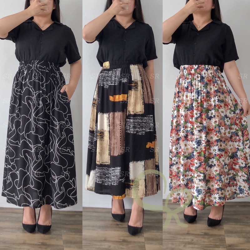 Rok Panjang Rayon Wanita Lebar Korean A-line Motif Floral Premium Ringan Dingin