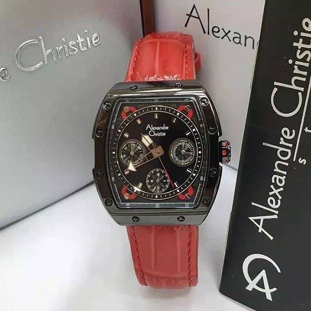 JAM TANGAN ALEXANDRE CHRISTIE 6411 LADIES BLACK STRAP MERAH