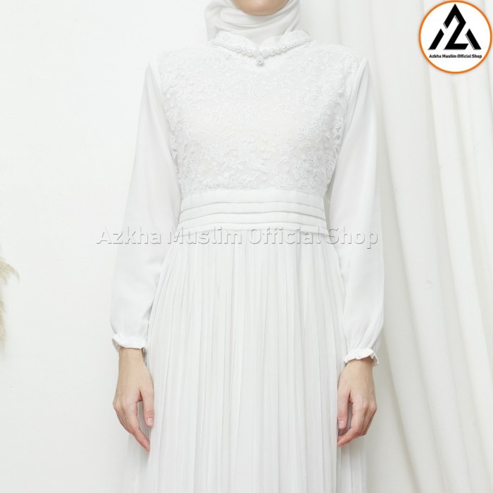 Busana Umroh Gamis Wanita Brokat Putih Brukat AZKHA Baju Lebaran Gamis