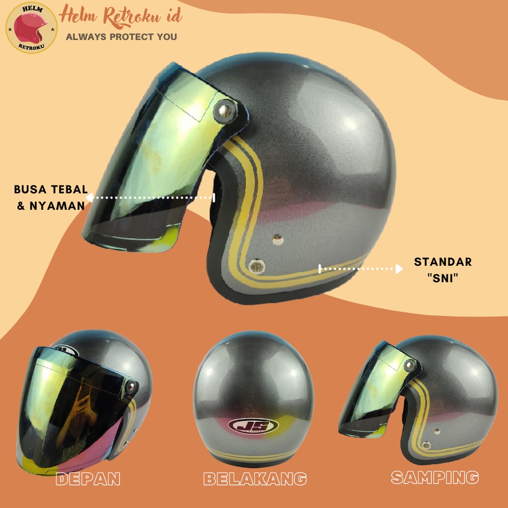 Helm Bogo Dewasa Retro Full Leher SNI Motif Lengkung Dengan Kaca Boss