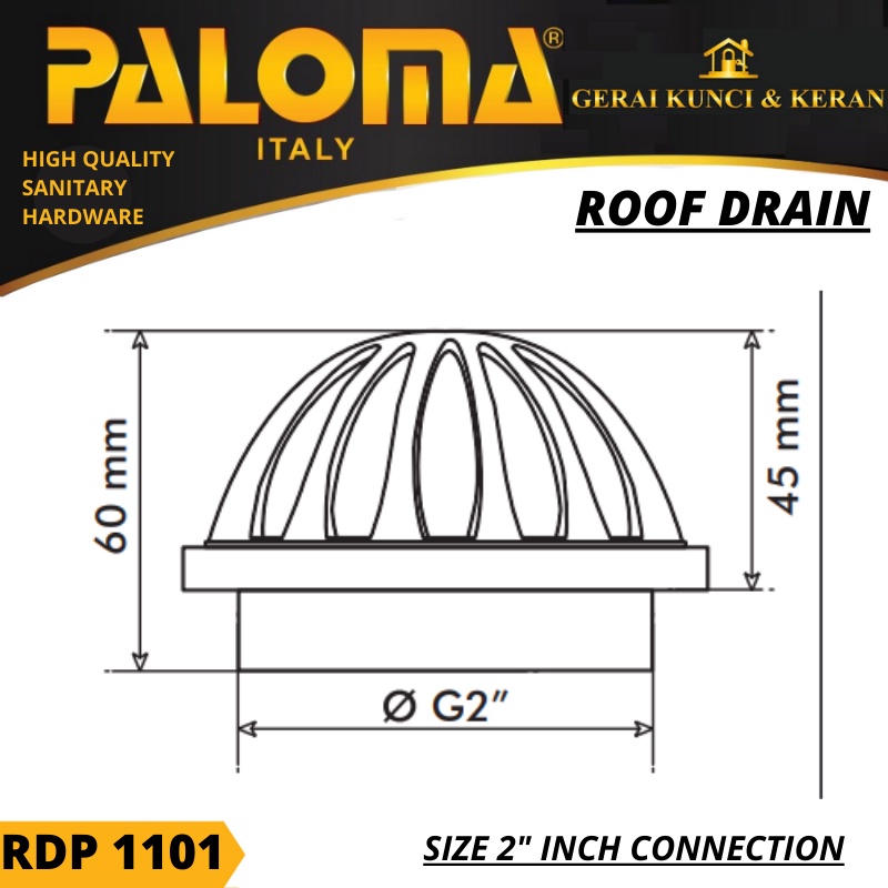 SARINGAN PEMBUANGAN TALANG AIR DAK ATAS ROOF DRAIN 2 INCH RDP 1101 PALOMA  CHROME BRASS KUNINGAN