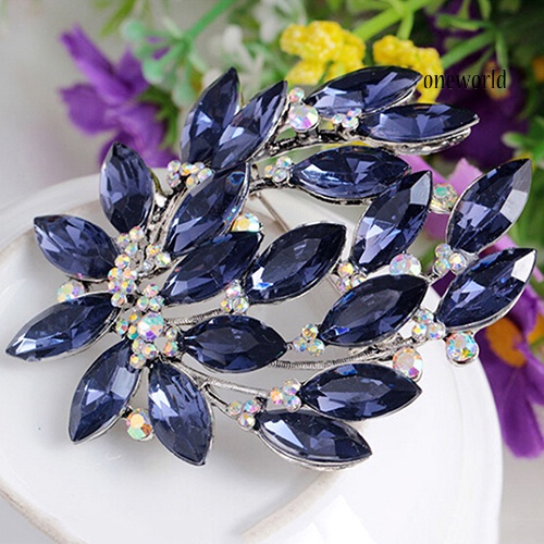 OW@ Women Sapphire Blue Flower Brooch Pin Zircon Glass Alloy Wedding Party Jewelry