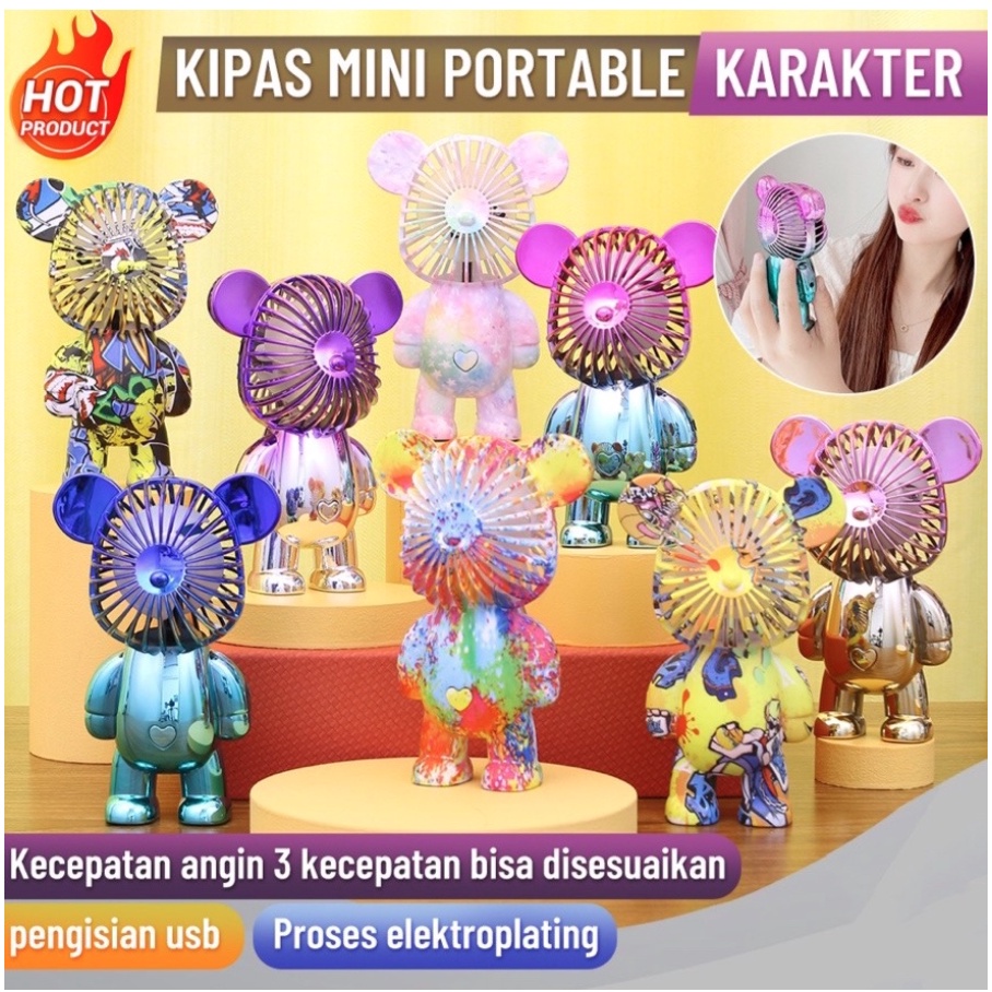 Kipas Angin Gradasi Motif BEAR Mini Portable USB Charge Kipas Angin Genggam Rechargeable Fan 3-Speed Kipas Beruang Alas Anti Selip