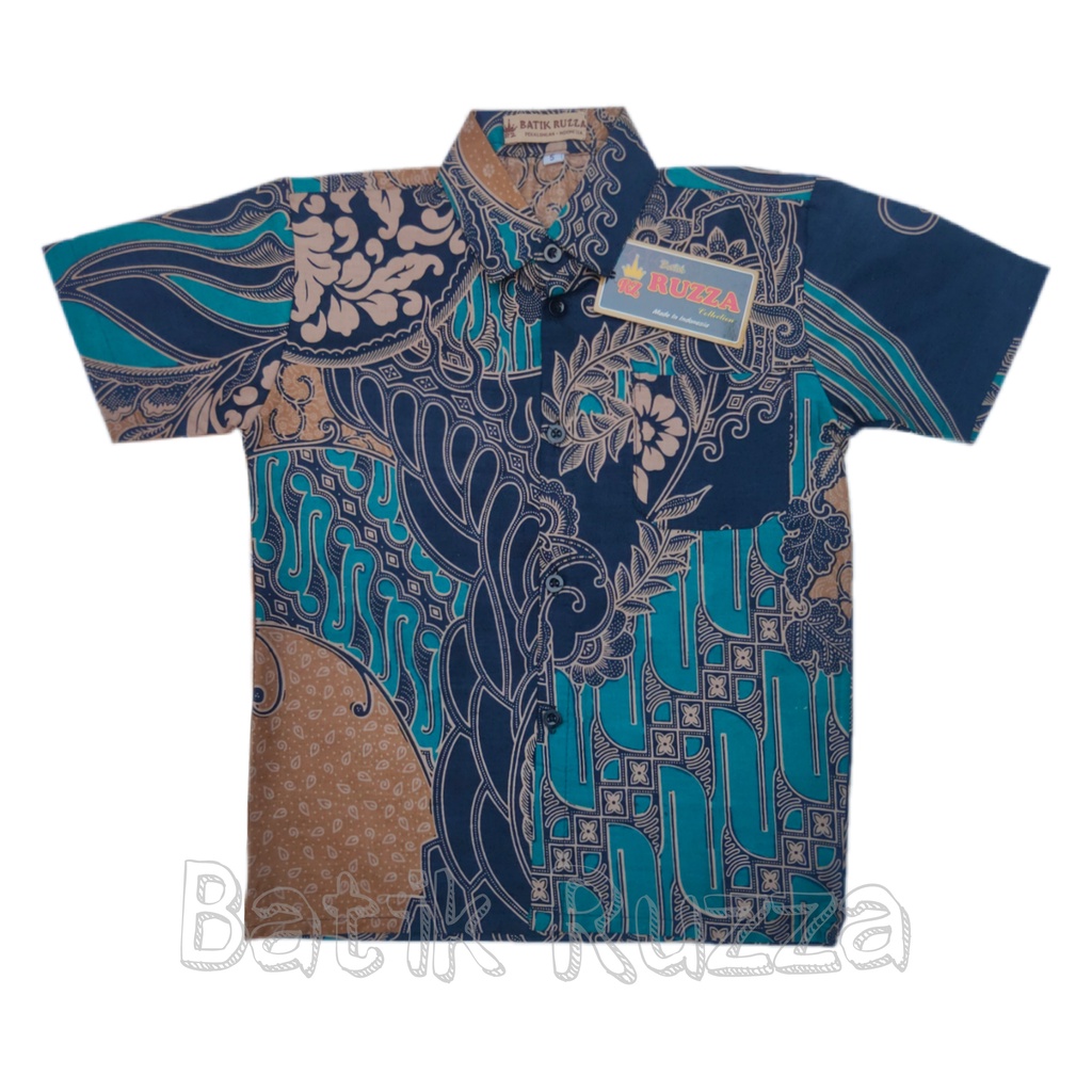 RUZZA Batik Anak Ukuran 0-15 Tahun Kemeja Motif Sekar Tosca Hijau Biru Toska