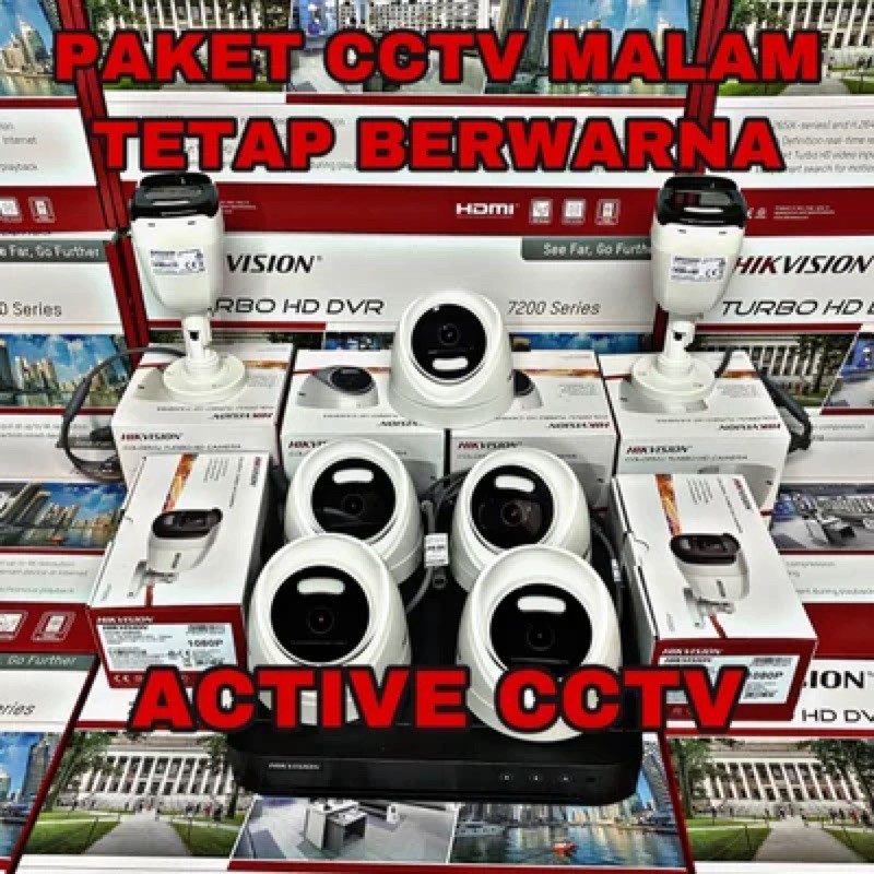 paket camera cctv 7 kamera hikvision 2mp dual light colorvu + audio 8 channel ch malam tetap berwarna colour 8ch