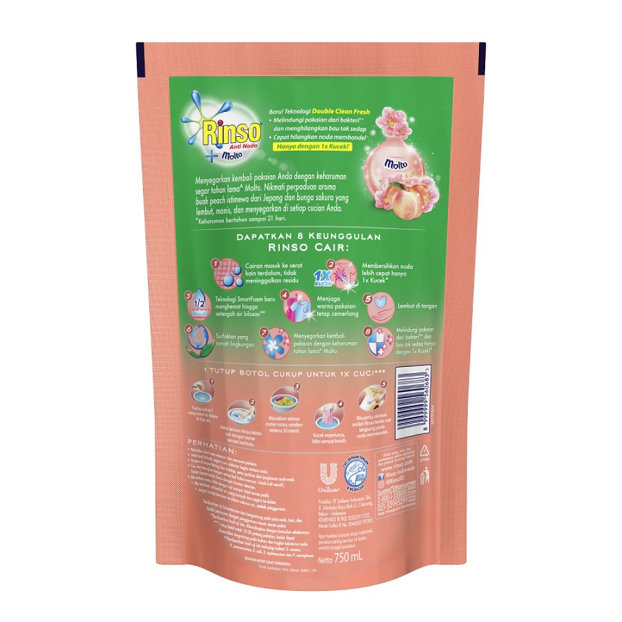 DETERJEN CAIR RINSO MOLTO JAPANESE PEACH ANTI NODA 700ML POUCH