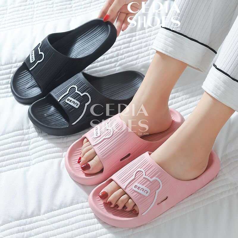 PVC Sandal Slop Kokop Wanita Import Motif Bear Korean Slippers Bahan Empuk Lentur Elastic Karet Non-Slip 2304