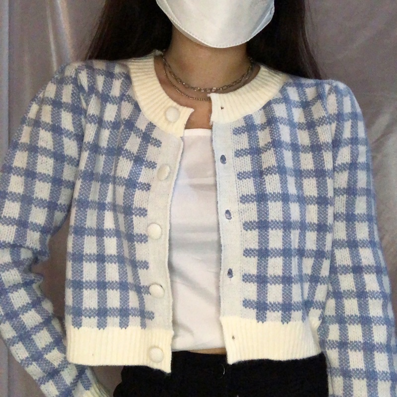 Gingham Cardigan (Kardigan Rajut Motif Kotak Kotak Korea Import)