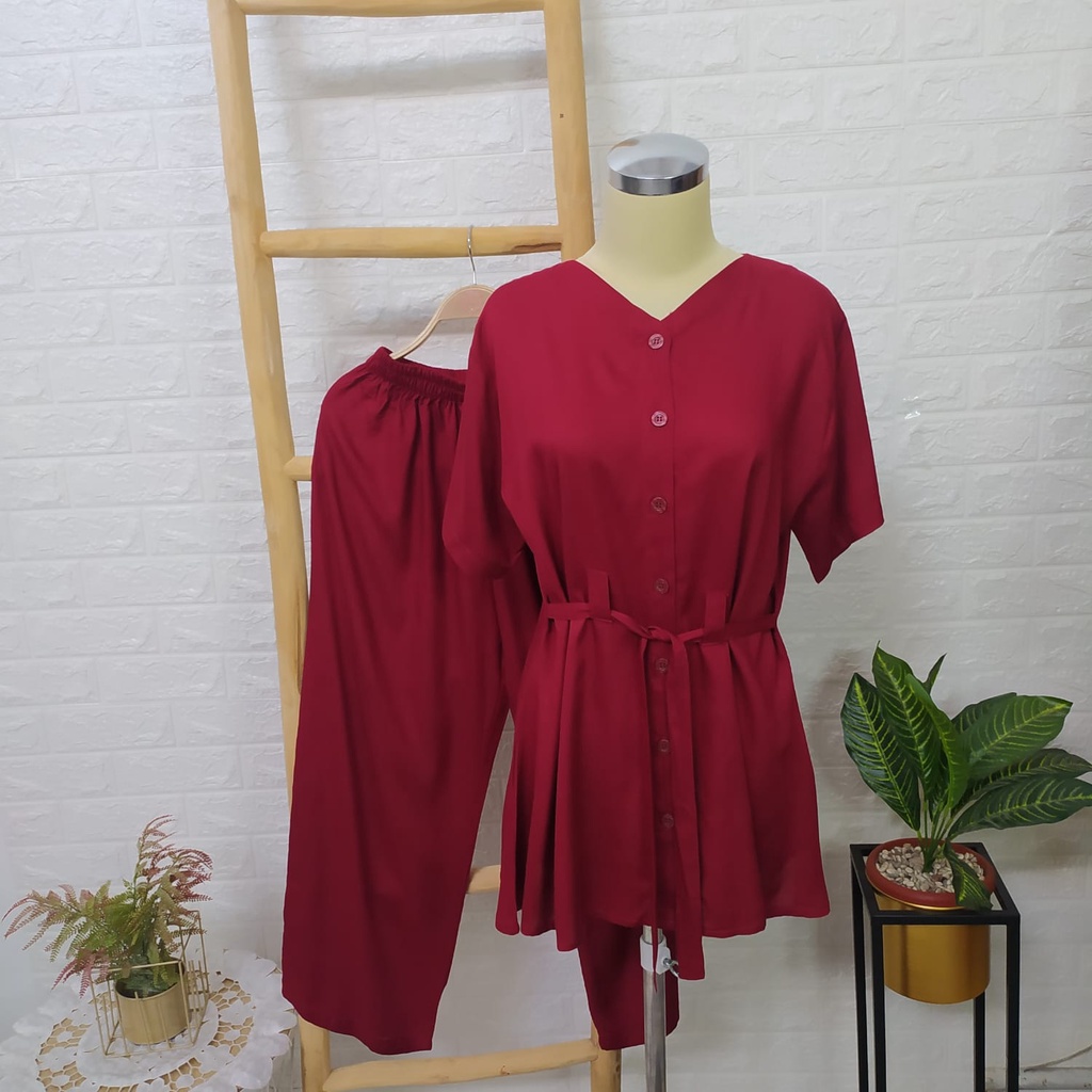 [BISA COD] Setelan Busui Rayon Bahan Adem Tali -  One Set Baju Wanita Polos Tali Pinggang - Setelan One Set Lengan Pendek Jumbo - Baju Wanita One Set Jumbo Bahan Rayon Adem - One Set Wanita Jumbo Rayon Polos