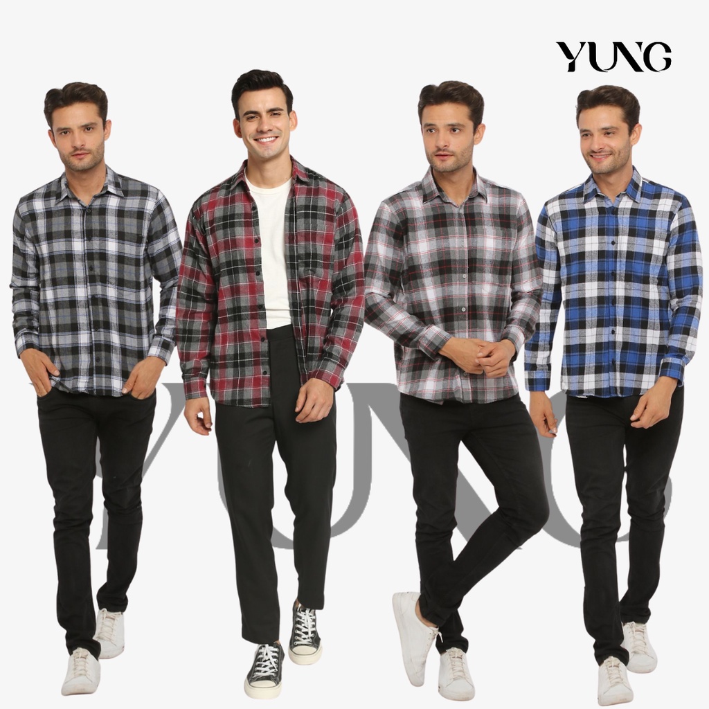 YUNG Kemeja Flanel Lengan Panjang Pria 2 Outside Pocket