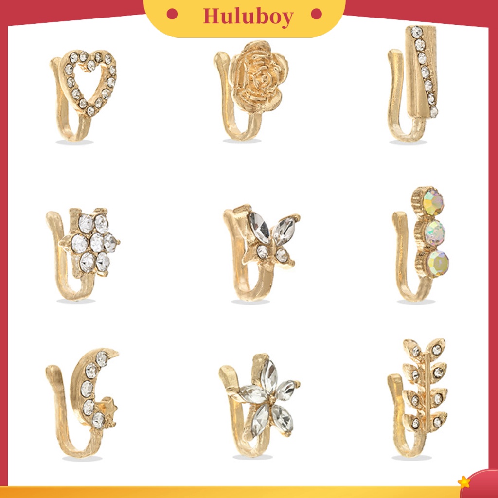 Hu Hu Hu Hu Hu Alat Bantu Pasang Kacamata♡ 9pcs Anting Stud Hidung Bentuk Bunga Bulan Aksen Berlian Imitasi Untuk Pesta