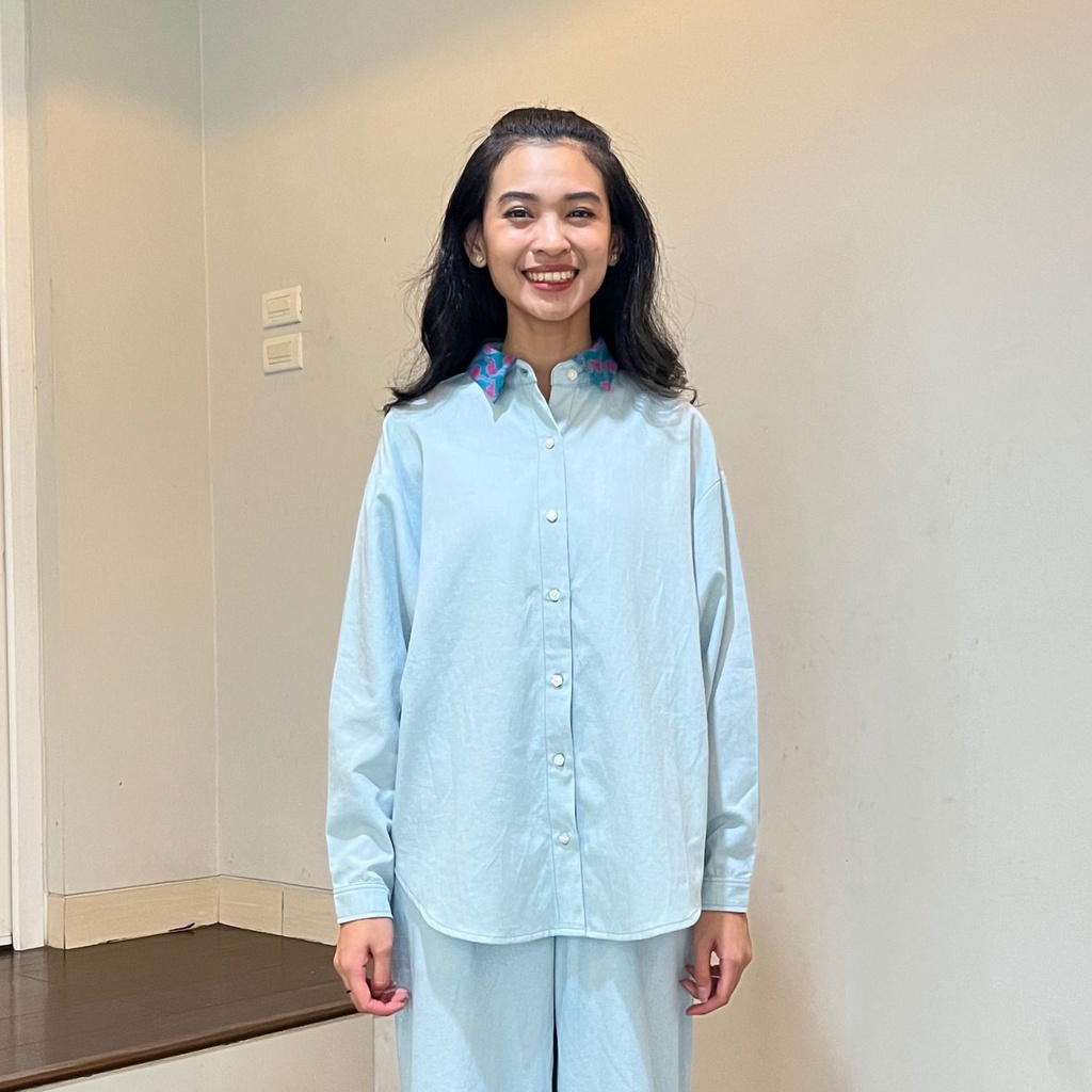 NONA Nifty Knit Collar Shirt Light Blue - Atasan Wanita