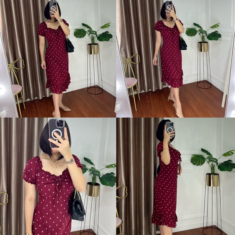 DRESS SABRINA MEWAH BAJU ELEGANT DRESS MIDI REMPEL BAWAH BAJU KARET