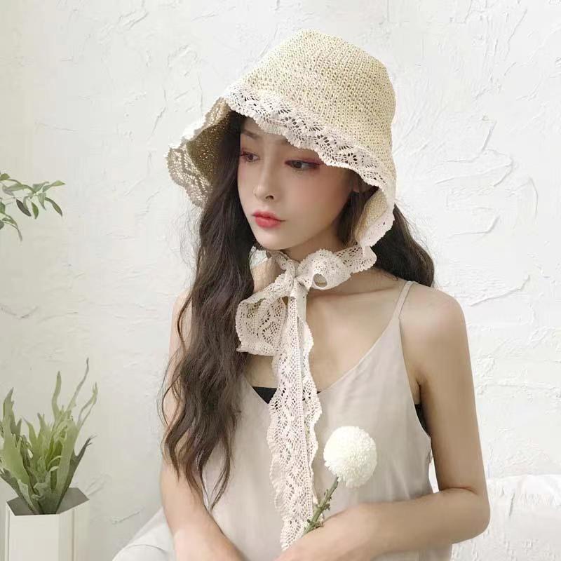 Topi Pantai Model Nelayan Bahan Jerami Aksen Renda Gaya Korea Untuk Wanita