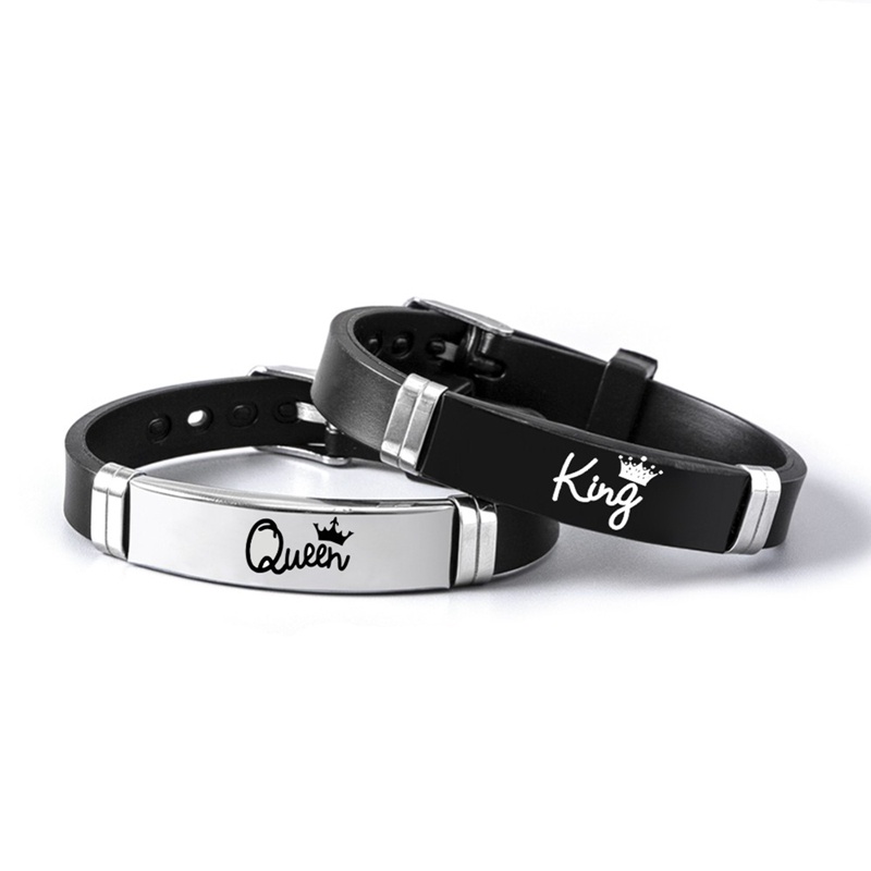 2pcs / Set Gelang Pasangan Bahan Stainless Steel Dan Silikon Desain Mahkota Raja Ratu Untuk Unisex