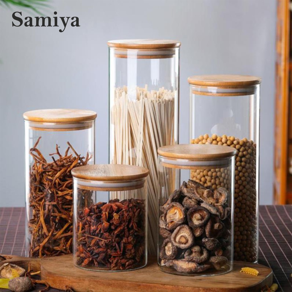 glass storage jar with bamboo lid / toples makanan kaca tutup bambu serbaguna organizer food kitchen