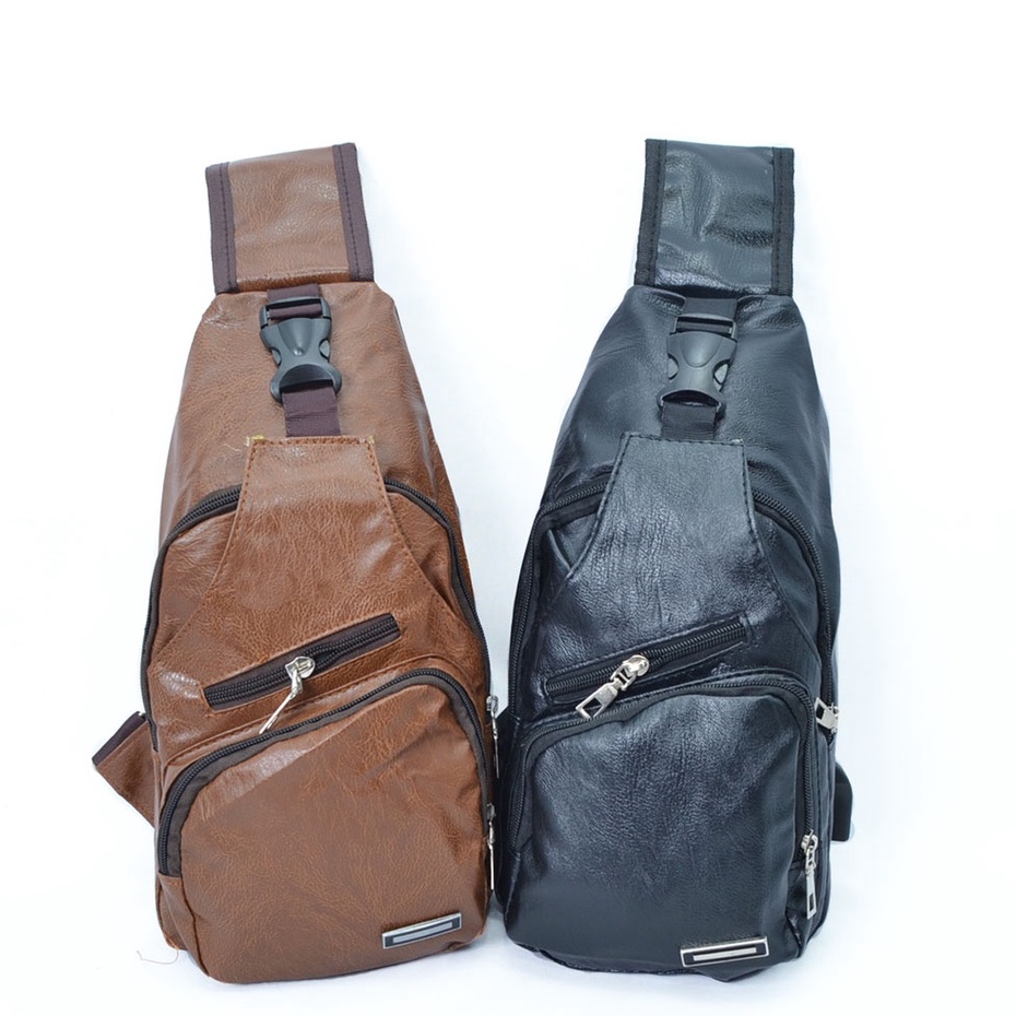 BAGCRUICERACC - Selempang Kulit Pria Tas Hp/Tas Dada Usb/Tas Impor Batam /Sling Bag Usb Kulit SB001