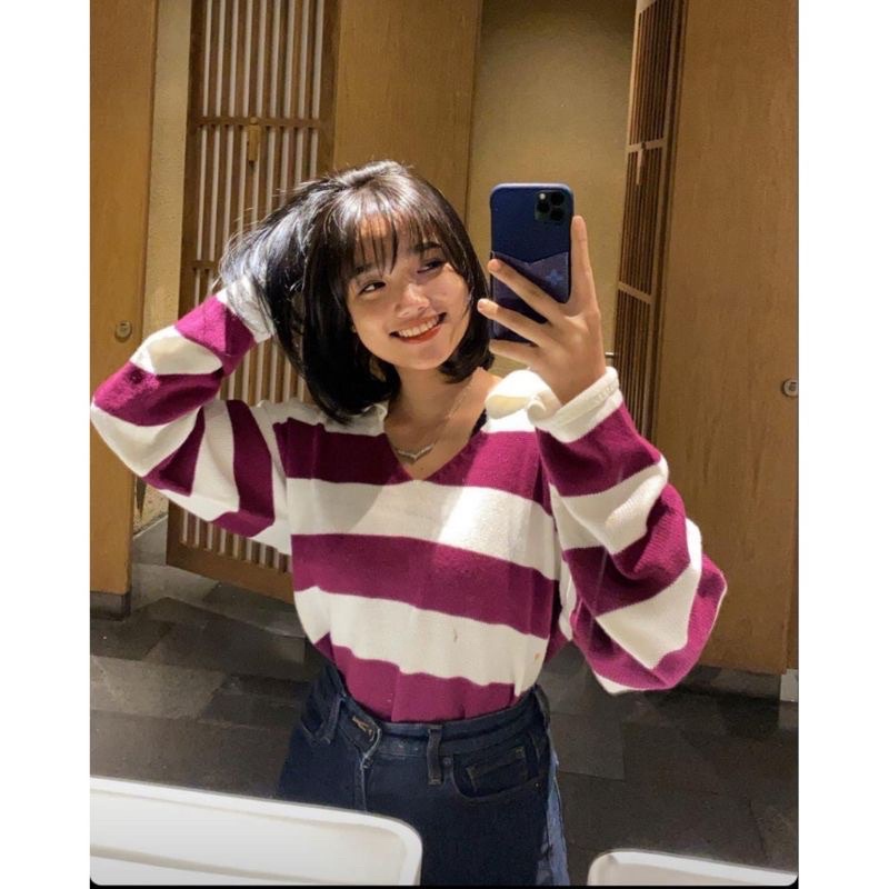 Atasan Blaster stripe | Blouse Rajut Crop top korea | Sweater Fuji crop