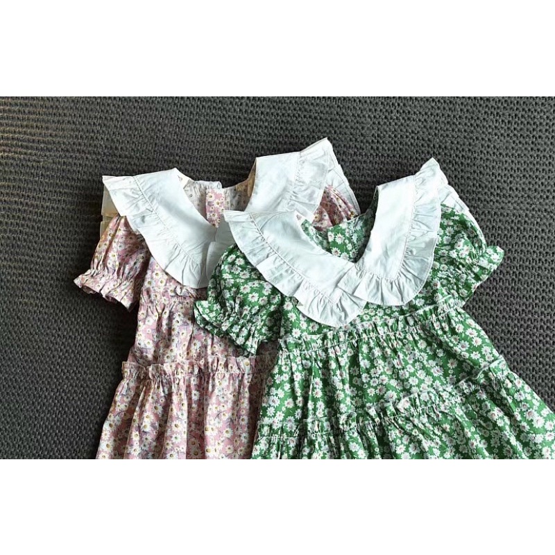 Dress Anak Perempuan Korean Fashion Floral Printed Warna Hijau Gaun