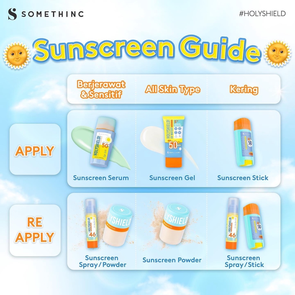 SOMETHINC Sun Care Indonesia / Sunscreen SPF 50 PA++++ UV Shield Suncare Sunblock Sunblok Gel Mist Spray Stick Serum Holyshield Glowing Up / Skincare Body Care Make Up / Cleanser Essence Toner Eye Cream Mask Masker Moisturizer Pelembab / Paket Set Face