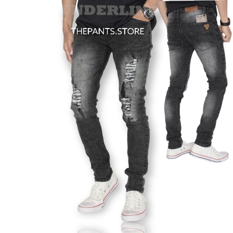 Underline Celana Jeans Sobek bikers Slimfit Black wash acid -Ripped jeans