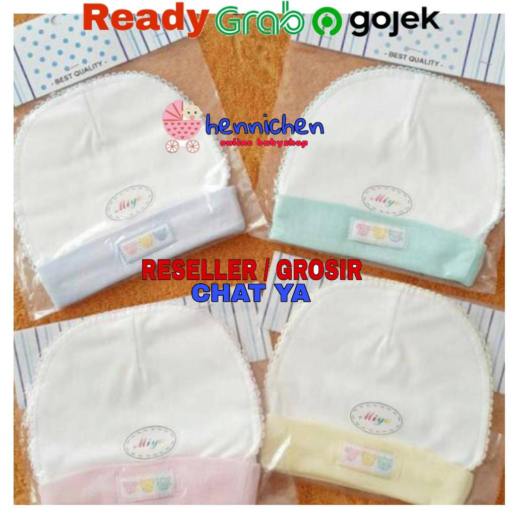 MIYO Topi Bulat Bayi/Baby Putih List Newborn (0-3M)| Perlengkapan Bayi Baru Lahir / Topi Bayi