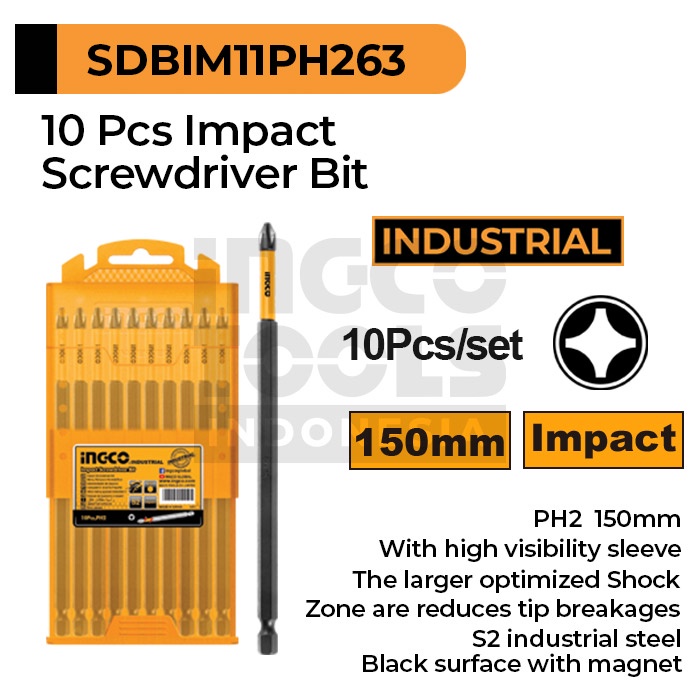 10-Pcs Impact Screwdriver Bit (PH2 150mm) INGCO SDBIM11PH263 Mata Obeng Plus Panjang Magnet Magnetic