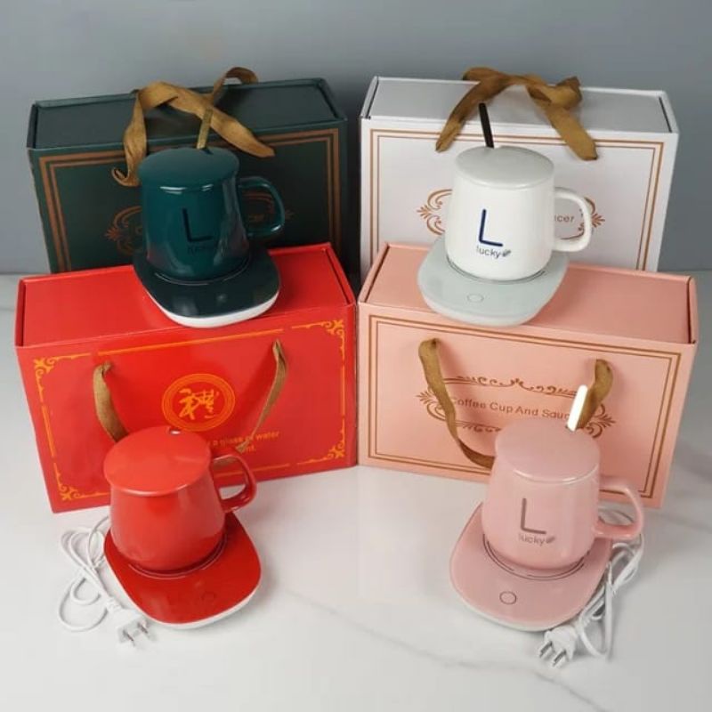 Mug Cangkir Elektrik Set Keramik Penghangat/Pemanas Minuman Gift Box