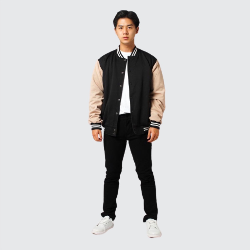 Jacket Pria Bomber Varsity Basic List Cream / Jacket Bomber Varsity / Jaket Pria Original