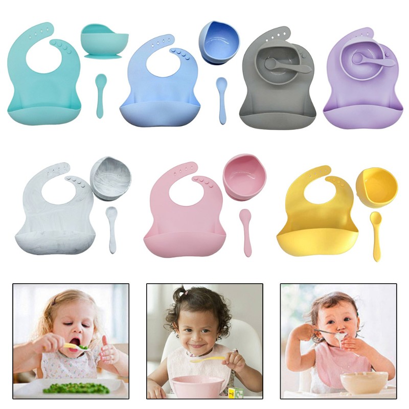 Mary Mary 3pcs / Set Bib / Slabber + Mangkok + Piring + Sendok Bahan Silikon Anti Air Untuk Bayi