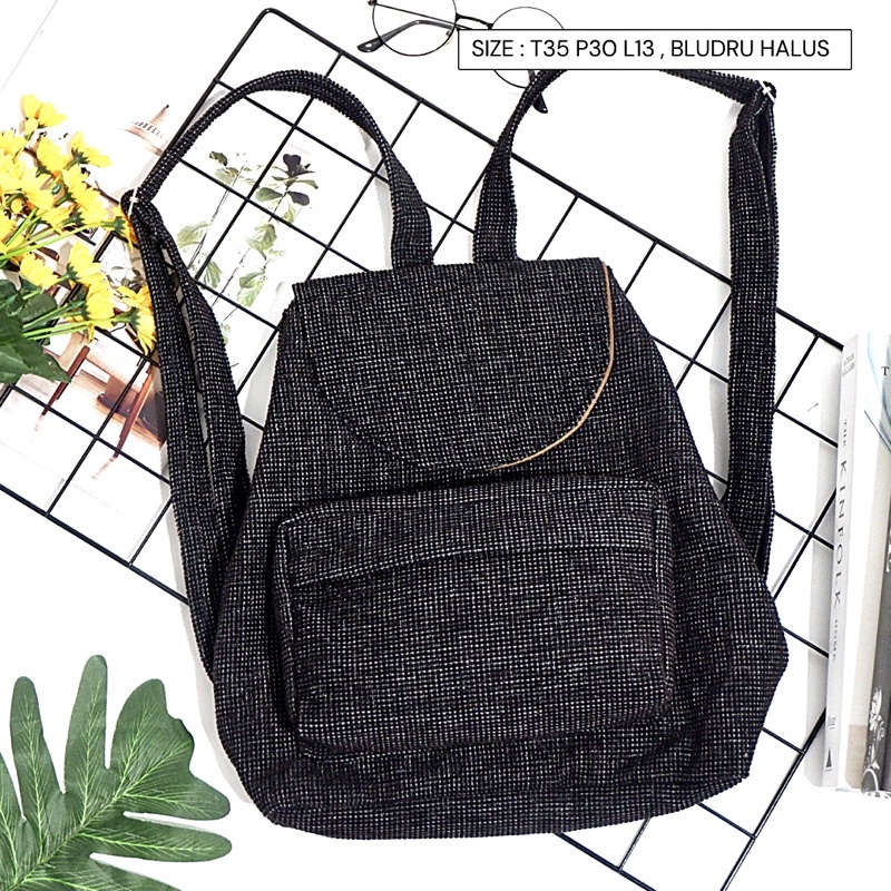 Bayar di Tempat COD Tas Ransel Serut Bahan Kanvas KANTONG Depan Ukuran Medium tas punggung wanita-Warna 689