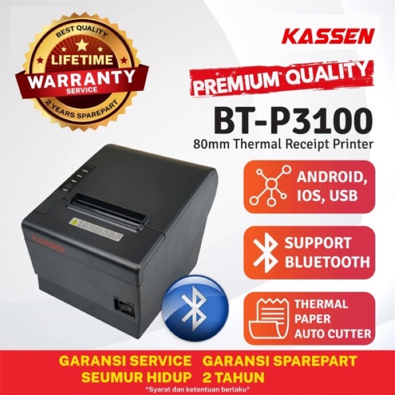 KASSEN BT-P3100 BT PRINTER THERMAL 80mm AUTOCUTTER BLUETOOTH USB RJ11 P3100 BT