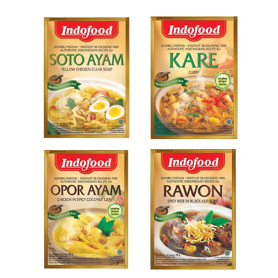 

Indofood bumbu instan Rawon// Opor ayam// Kare// Soto Ayam