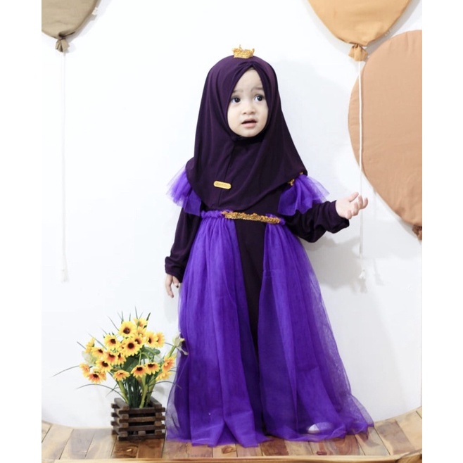 Gamis Queen set hijab Dress anak / gamis anak / baju muslim anak / gamis queen tutu anak rumah ara / gamis frozen