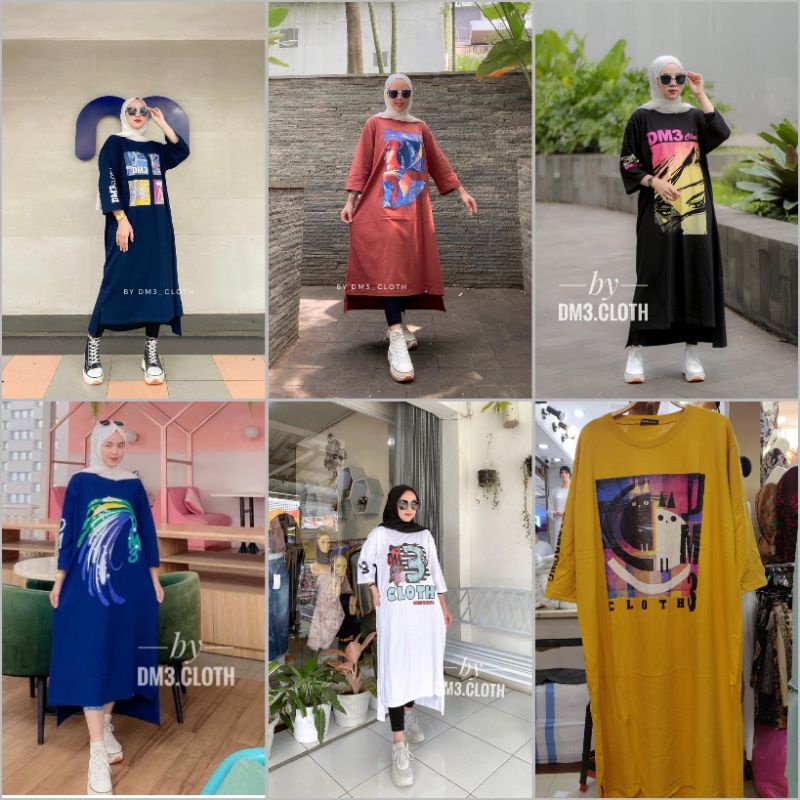 Long Tunik kekinian / Long tunik dm3/Midi Dress kaos Muslim Terbaru