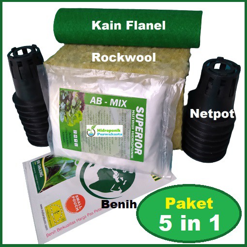 Paket Hemat Hidroponik Pemula 5 in 1 Nutrisi AB Mix Rockwool Netpot Benih Kain Flanel
