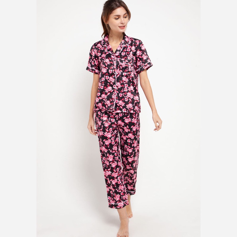 Anne Wintours Pyjama Short Sleeve Long Pants Satin Sleepwear Wanita