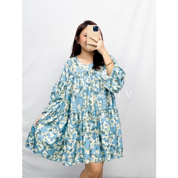 MDLV ~ 6960# Carlotta Loose Mini Dress Babydoll Dress Bigsize Blue Flower Fashion Import