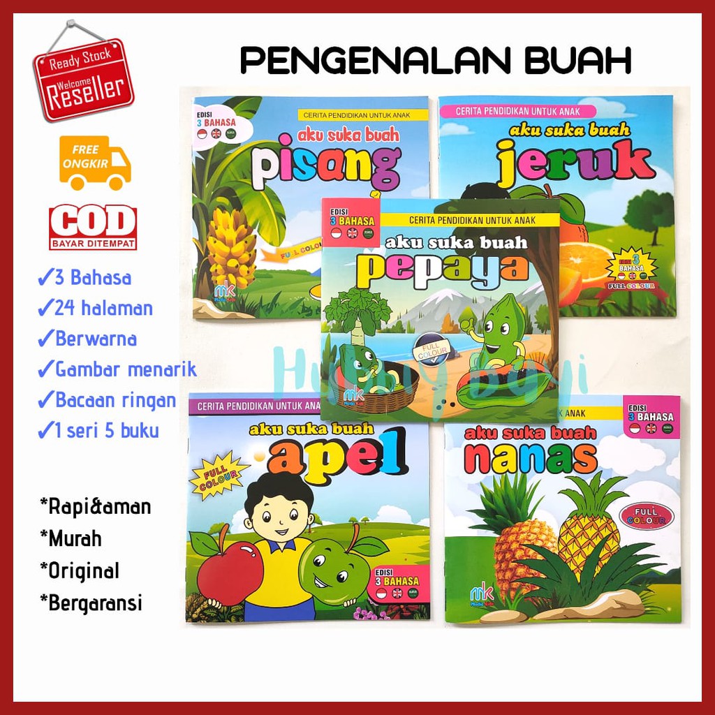 BUKU CERITA PENDIDIKAN EDUKASI PENGETAHUAN ANAK 123456 TH BALITA PENGENALAN BUAH BAHASA INGGRIS ARAB