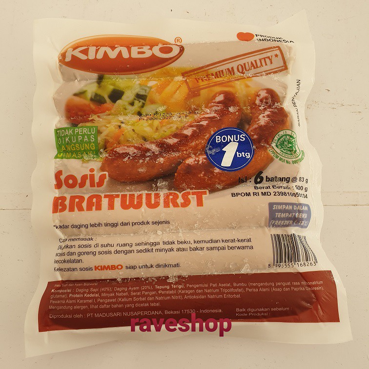 

KIMBO sosis sapi bratwurst original / keju / lada hitam isi 6+1S 500gr